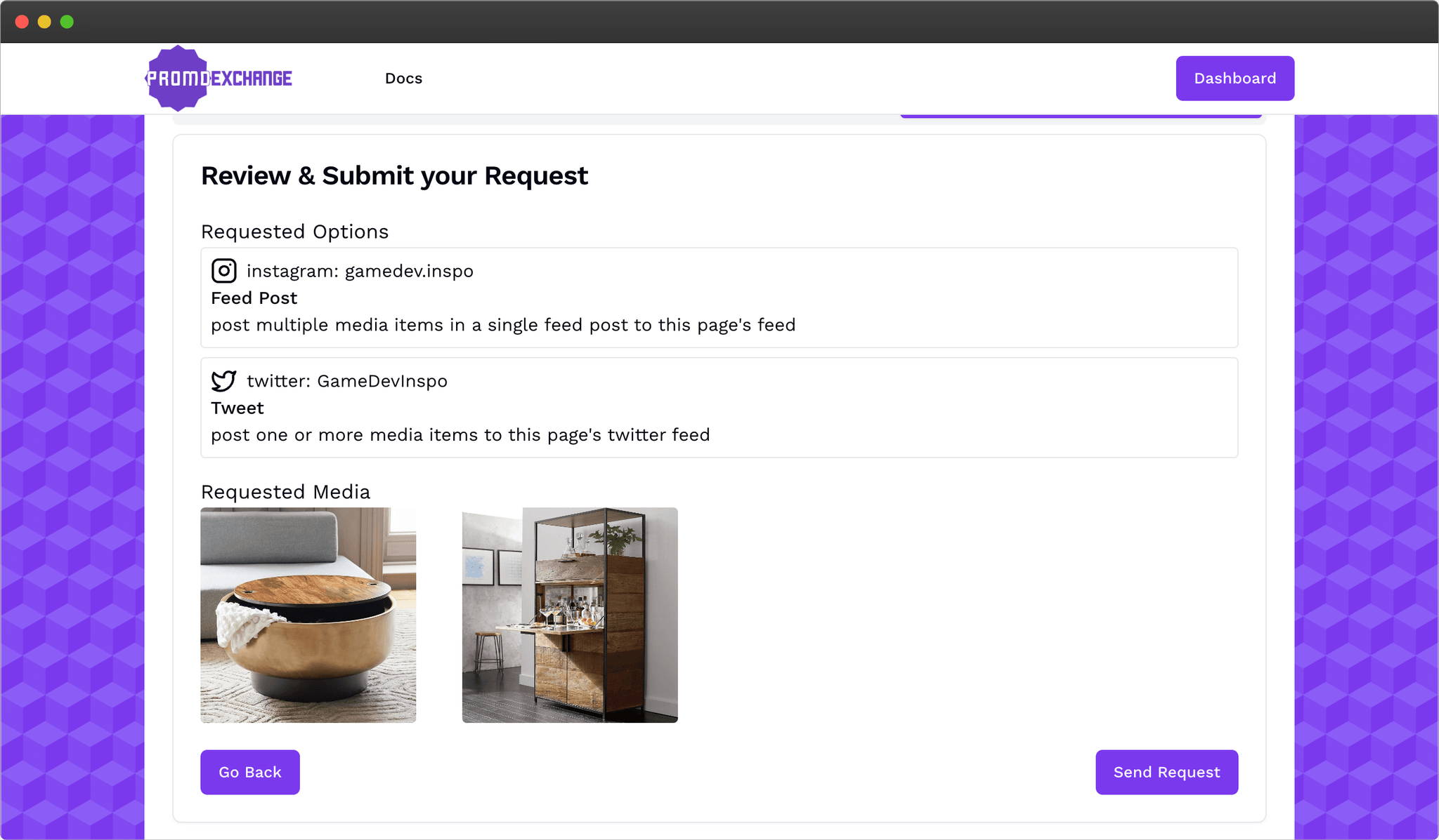 Screenshot of PromoExchange Request Form